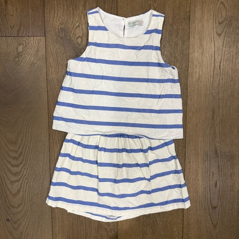 Zara White and Light Blue Striped Girls Dress